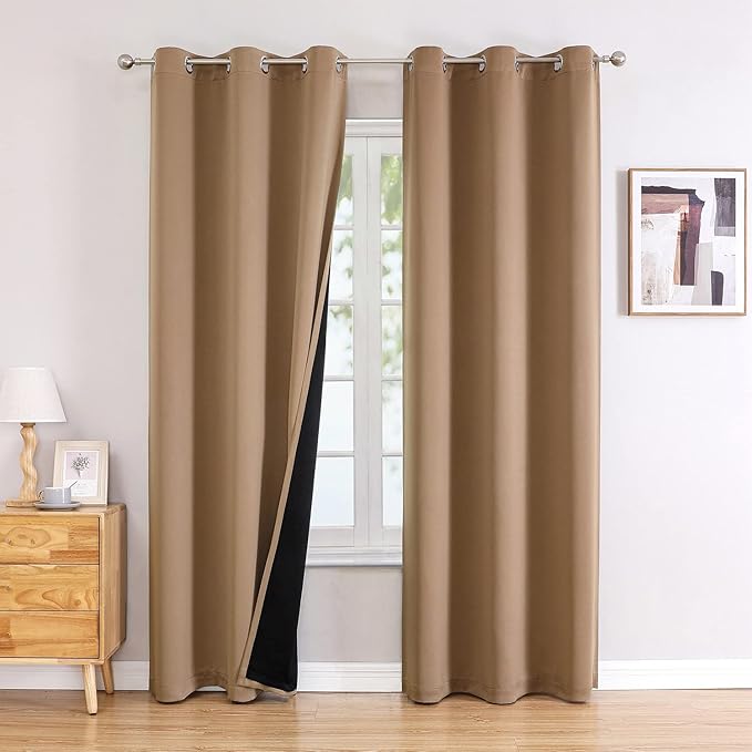 ChrisDowa 100% Blackout Curtains 78 inch Long for Bedroom with Black Liner, 2 Thick Layers Total Blackout Thermal Insulated Grommet Window Curtains 2 Panels Set (Cappuccino, 42 x 78 Inch)