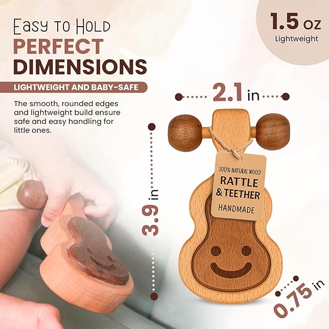 Wooden Teething Toys for Baby 0-6 Months – Organic Natural Non-Toxic Handmade Teether with Beads & Rattle for Soothing Relief – Montessori Sensory Toy for Babies, Infant Boy & Girl