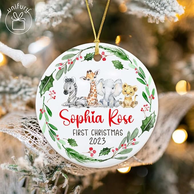Unifury Personalized Baby First Christmas Ornament 2024, Keepsake for Babies First Christmas Tree, Holiday Decor for Celebrating Ceramic Babys 1st Christmas Ornament 2024, Safari Animal Holly