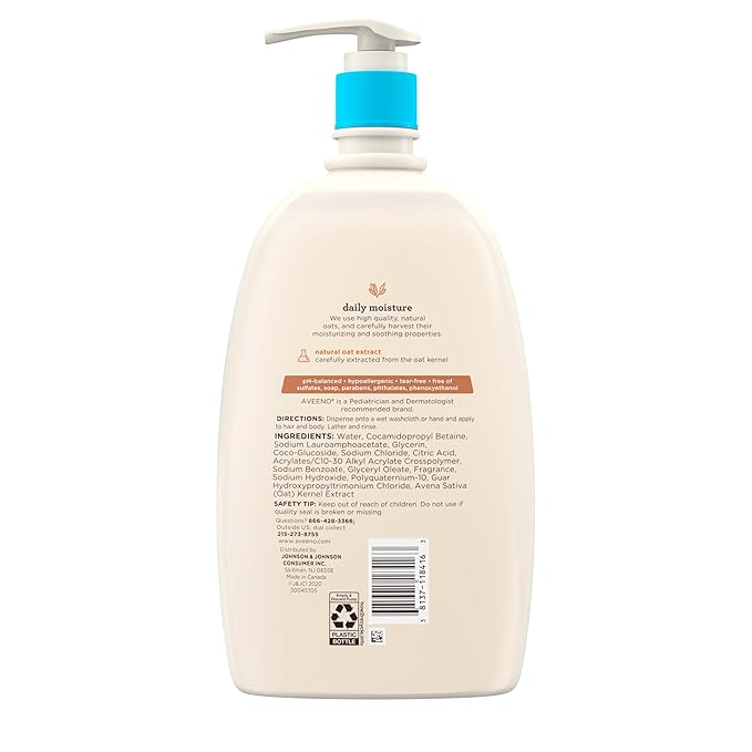 Aveeno Baby Daily Moisture Body Wash & Shampoo with Natural Oat Extract, Hypoallergenic, Tear-Free, Paraben-Free, pH-Balanced Formula For Sensitive Hair & Skin, 33 fl oz