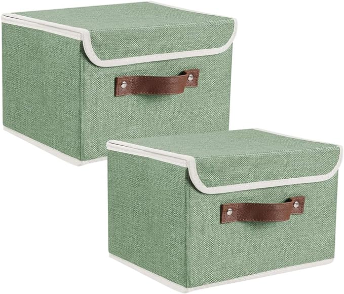 Lucky Monet Storage Bins Boxes with Lids 2 Pack Decorative Storage Boxes Collapsible Fabric Storage Basket Containers Lidded Storage Cube for Organizing Closet Home Office, 10"x 8"x 7" (Green)