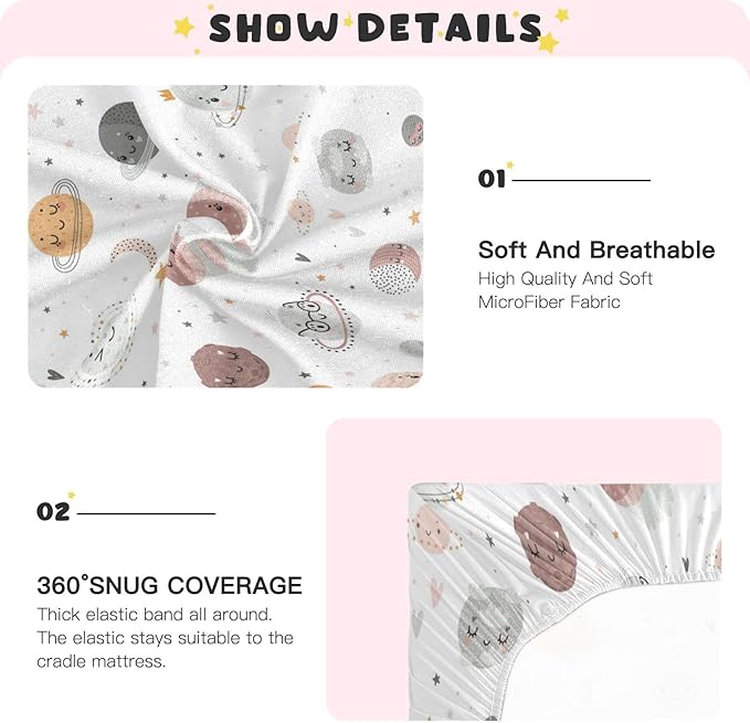 Galaxy Space Planets Crib Sheets for Boys and Girls, Fitted Baby Crib Sheets Soft and Breathable Mini Crib Sheets 52 X 28 Inches