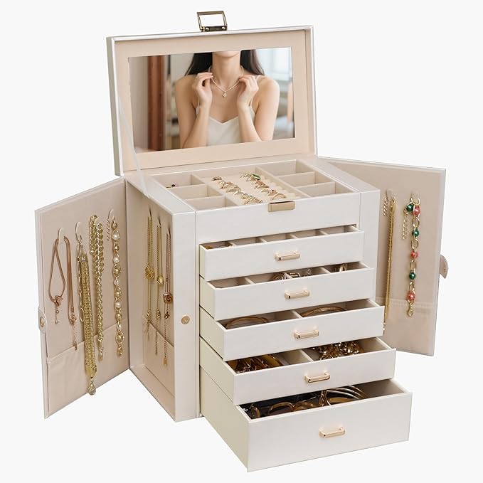 BOOVO Jewelry Box For women, 6 Layer Large Jewelry Organizer With Mirror, Multi-Function Storage Box With Lock, Necklace Holder With 5 Drawers, For Earrings Necklace Bracelet (Pearl White and Gold)