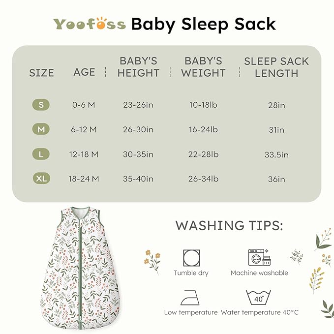 Yoofoss Baby Sleep Sack 12-18 Months, 1.5 Tog Baby Wearable Blanket with 2-Way Zipper, 100% Cotton Organic Fabric Winter Infant Sleeping Sack, Warm Soft Comfy