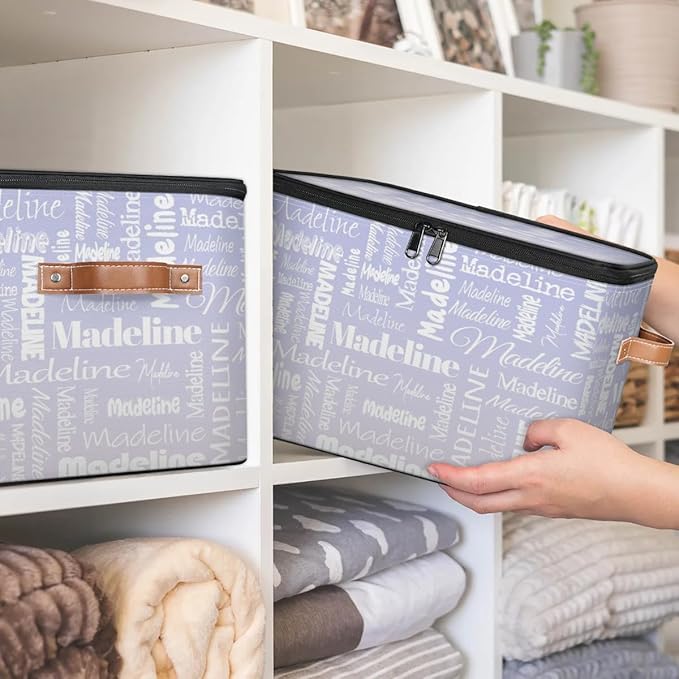 Custom Storage Basket with Name, Personalized Storage Bins with Zipper Lid, Foldable Fabric Storage Box Large capacity with Handle Purple White