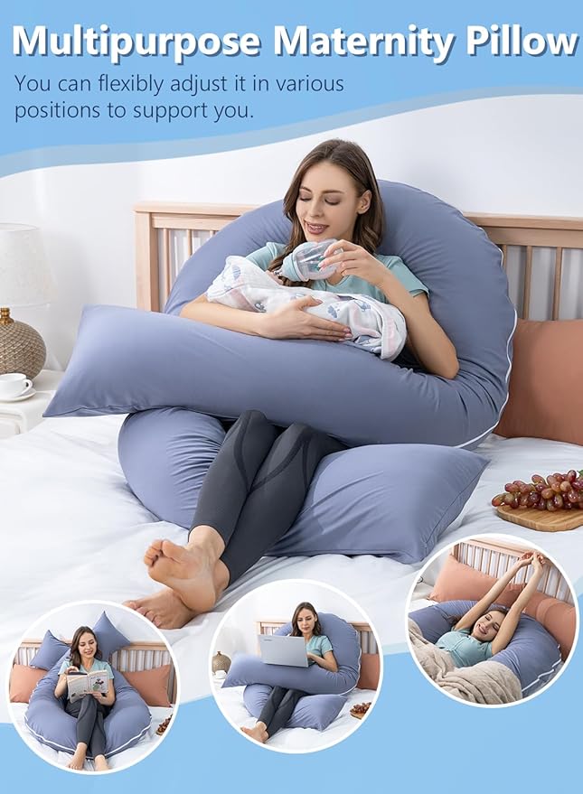 Meiz Pregnancy Pillows, Cooling Silky Pregnancy Pillows for Sleeping, 65" U Shaped Full Body Maternity Pillow for Pregnant Women, with Washable Jersey Cotton Cover, Blue