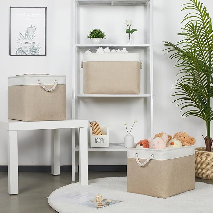 Bidtakay Large Storage Baskets for Organizing Fabric Closet Organizers Storage Bins with Handles 3-Pack 16x11.8x11.8 Inch Collapsible Baskets for Shelves Clothes Home Organization L-White&Beige