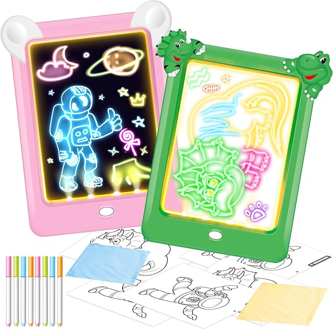 2 Pack Magic Led Drawing Boards for Kids: Light Up Tracing Pad, 8 Light Modes, Drawing Pads for Kids Ages 4-8 with Tracing Cards Markers, Arts Crafts Learning Toy Ideal Gift Toy for Boys Girls