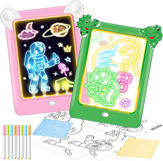 2 Pack Magic Led Drawing Boards for Kids: Light Up Tracing Pad, 8 Light Modes, Drawing Pads for Kids Ages 4-8 with Tracing Cards Markers, Arts Crafts Learning Toy Ideal Gift Toy for Boys Girls
