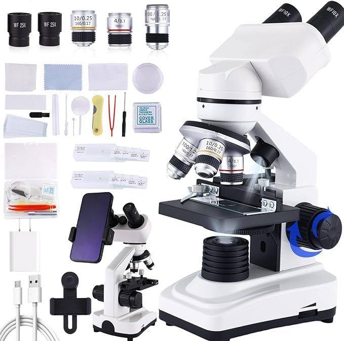 Microscope Magnification 40X-2500X WF25x Eyepieces, Dual LED Illumination, Microscope for Adults, Binocular Microscope for Schools, Homes, Labs, Education
