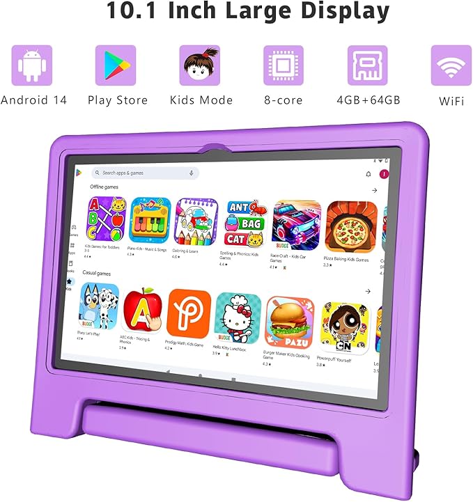 Kids Tablet, 10.1 Inch Tablet for Kids Android 14, 64GB Octa-Core, WiFi, Big Battery, Kids Space, Parental Control 1280 * 800 HD Display Children Tablets Purple