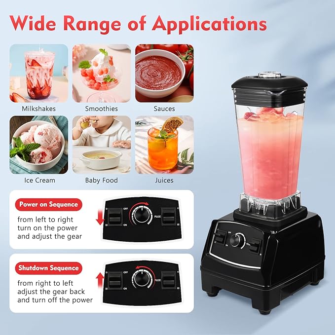 Blender 2L Automatic Smoothie Mixer Baby Food Blender 68oz Fruit Vegetables Juicer 2200W High-Speed Blender Tabletop Soundproof Milkshake Maker (Black)
