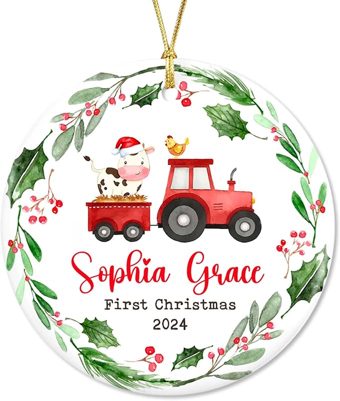 Unifury Personalized Baby First Christmas Ornament 2024, Adorable Keepsake for Babies First Christmas Tree, Holiday Decor for Celebrating Ceramic Babys 1st Christmas Ornament 2024, Farm Animal