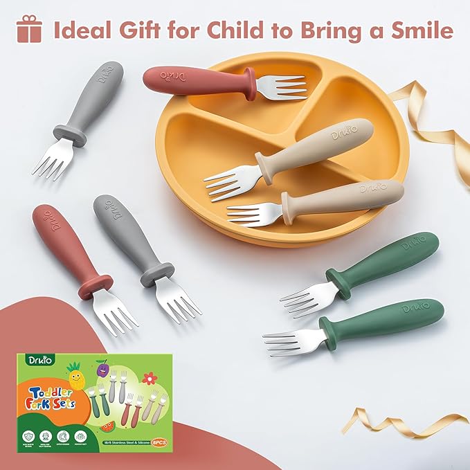 DRKIO 8 Pieces Toddler Forks Set - Baby Forks with Silicone Handle Children safe 18/8 Stainless Steel Toddler Utensils Set for Self Feeding Kids Silverware Anti-Choke Design Food Grade Dishwasher Safe