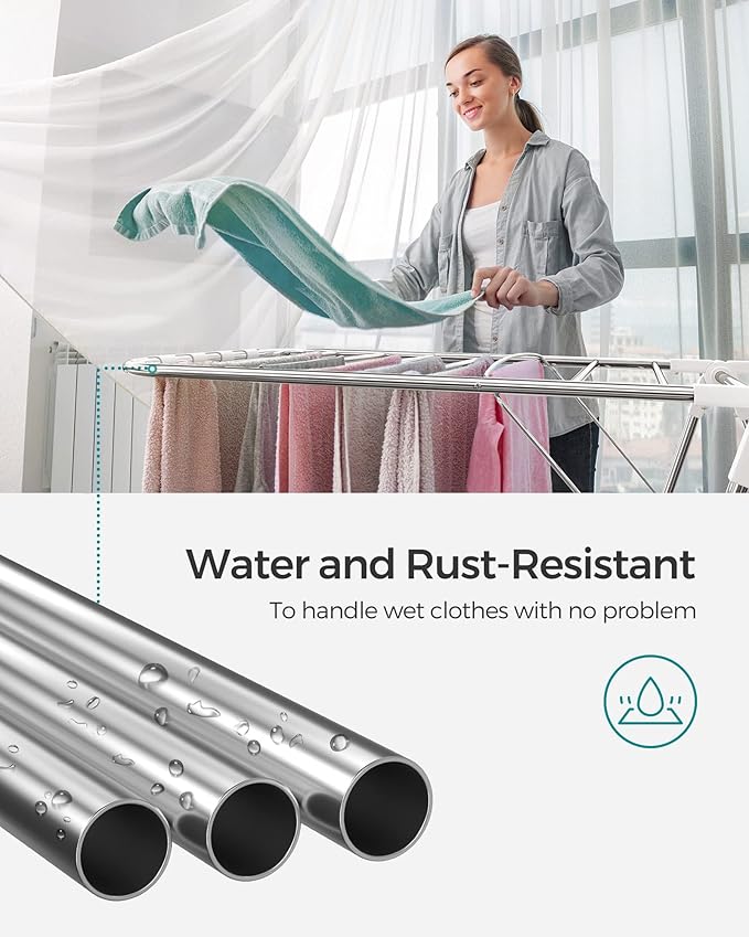 SONGMICS Clothes Drying Rack, with Sock Clips, Metal Laundry Rack, Foldable, Space-Saving, Free-Standing Airer, with 2 Height-Adjustable Gullwings, Indoor Outdoor Use, Silver and White ULLR052W01