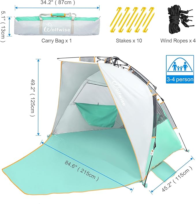 WolfWise 3-4 Person Easy Up Beach Tent UPF 50+ Portable Instant Sun Shelter Canopy Umbrella with Extended Zippered Porch, Mint Green