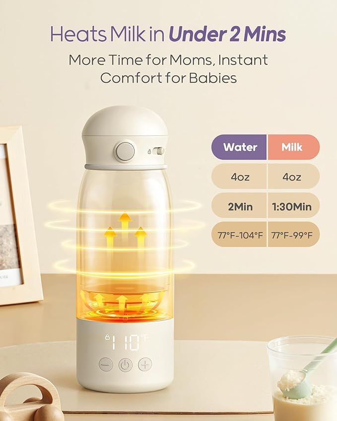 Nuliie Portable Bottle Warmer for Travel, Double Leak‑Proof, Heating Milk & Water Faster, Cordless Milk Warmer with Fast Charging, Anti-Dry & Anti-Burn Protection for All Day Needs, 17oz