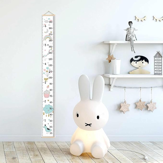 Kids Growth Chart, Wood Frame Fabric Canvas Height Measurement Ruler from Baby to Adult for Child's Room Decoration 7.9 x 79in (7.9 x 79in, Rainbow)