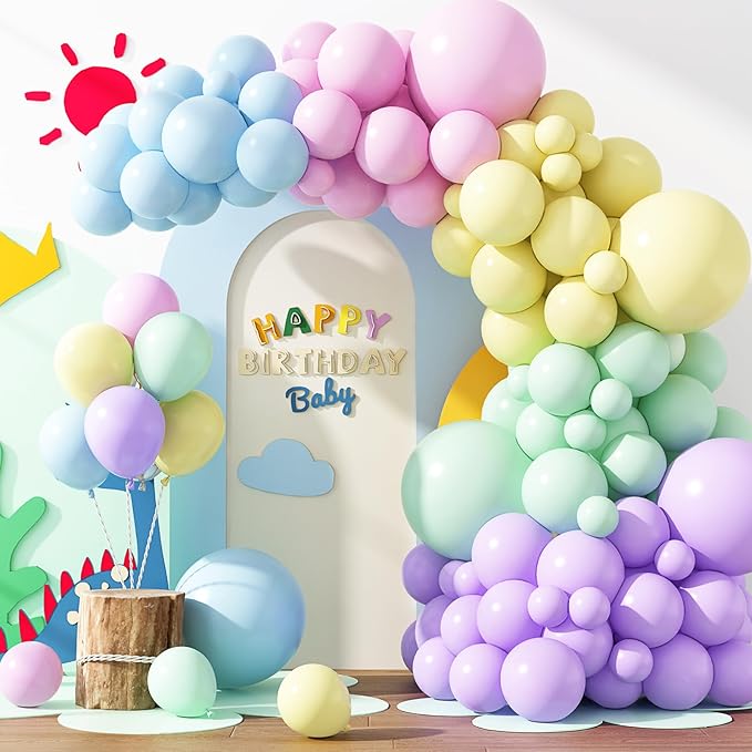 RUBFAC 129pcs Pastel Balloons Different Sizes 18 12 10 5 Inch, Macaron Rainbow Latex Balloon Arch Kit for Baby Shower Birthday Party Gender Reveal Garland Decoration