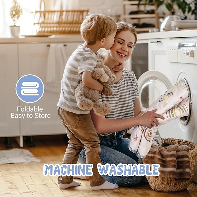 Boho Rainbow Baby Play Mat 50" X 50" Playpen Mat Thicken One-Piece Baby Crawling Mat Non-Slip Cushioned Baby Floor Mat with Lettters, Activity Playmats for Infants, Babies, Toddlers (50X50,Beige)