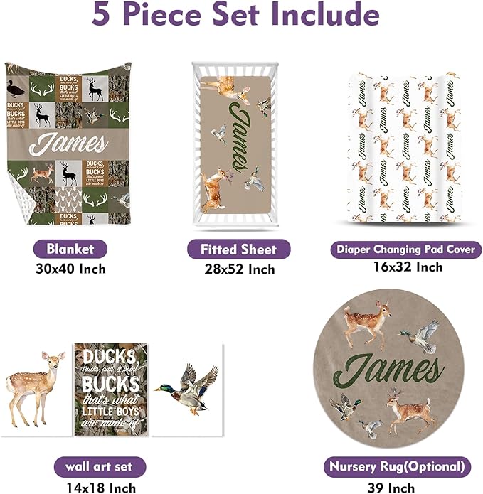 Personalized Baby Crib Bedding Set, 5-Piece Multi-grid Pattern Baby Crib Sets with Custom Name, Toddler Double Layer Blanket Fitted Sheets Changing Pad Cover Rug Wall Art Set, Charming Nursery Decor