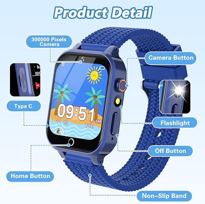 Smart Watch for Kids Boy Gift Ages 3-12, 2 Screen Protector, 26 Puzzle Games, HD Camera Video Music Player Touchscreen Pedometer, Educationtal Toy Brithday Gifts for Boy Ages 4 5 6 7 8 9 10(Blue)