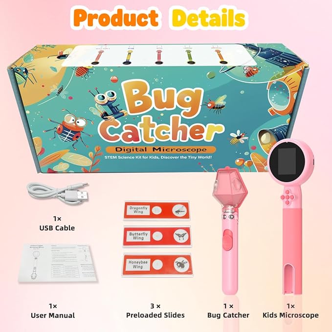 Kids Microscope with Bug Catcher Kit, 1080P Digital Mini Handheld Microscope STEM Science Toy with LED Light, Rechargeable, Portable, Supports 64GB TF Card, Educational Gift for Kids Ages 3-12 (Pink)