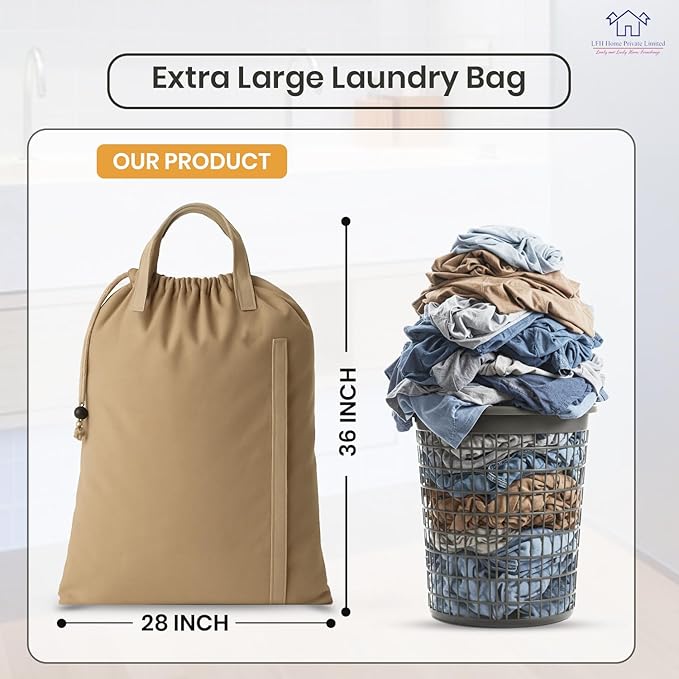 LFH Home Cotton Canvas Large Laundry Bag with Handle, Heavy Duty Drawstring Closure Washable Laundry Bags, School Travel, Home, Hotel, College Dorm, Organizer Sack, Toys Clothes 28x36-Beige