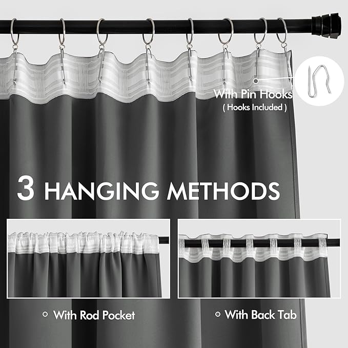 MIULEE Back Tab Grey Blackout Curtains 96 Inch Long 2 Panels Set for Living Room Bedroom, Rod Pocket/Pinch Pleated Long Thermal Insulated Room Darkening Light Blocking Floor to Ceiling Curtains/Drapes