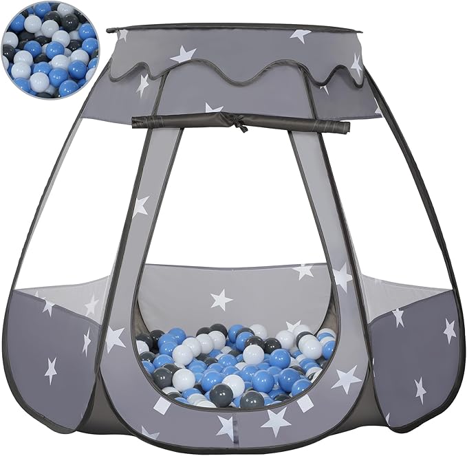 Baby Ball Pit for Toddler with 50 Balls, Kids Pop Up Play Tent for Girls, Princess Toys Gifts for Children Indoor & Outdoor Playhouse (Black: Gray/White/Babyblue, 109x90cm/50 Balls)