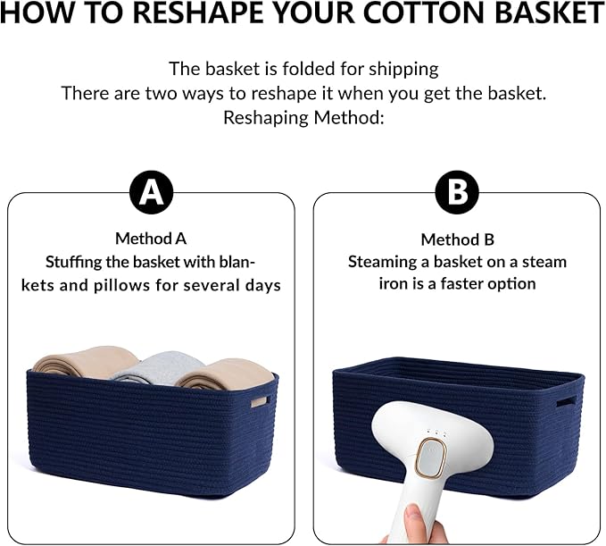 Large Storage Baskets for Shelves, Closet Organizers Bins for Clothes Blanket Towels, Baby Nursery, Toy Baskets Box, Woven Rope Baskets, 17 x 13 x 7.5”, 2 Packs Navy Blue