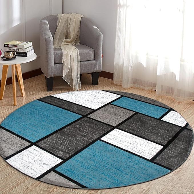 Rugshop Contemporary Modern Boxes for Home Office,Living Room,Bedroom,Kitchen Non Shedding Round Area Rug 8' Blue