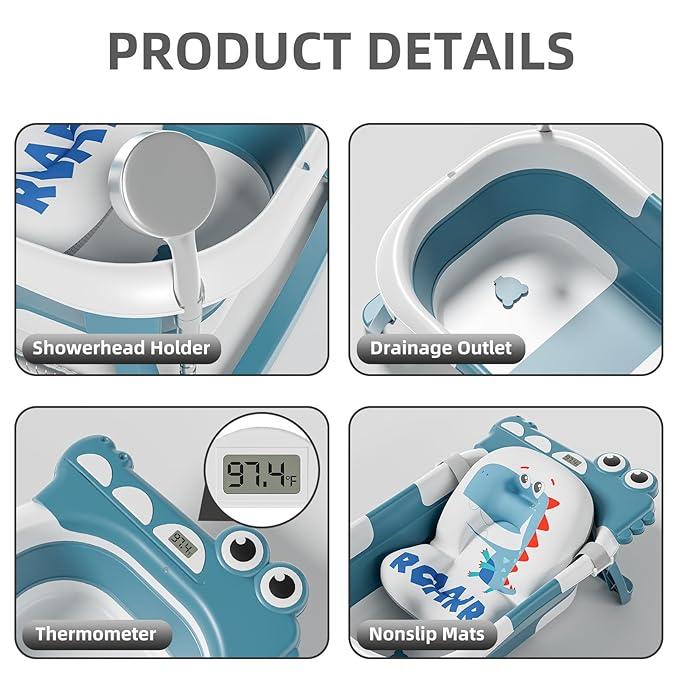 TPN Collapsible Baby Bathtub, Baby Bath Tub with Soft Cushion & Real-Time Thermometer, Baby Bathtub Infant to Toddler Tub (0-36 Months), Portable Newborn Travel Bath tub