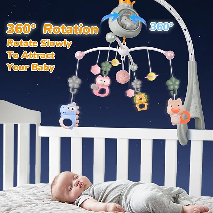 Crib Mobile with Music and Lights, Mobiles for Cribs, Baby Nursery Space Portable Infant Arm Hanger for Girls Boys Babies Bassinets Pack and Play Clip On Attachment, Toys Musical Hanging