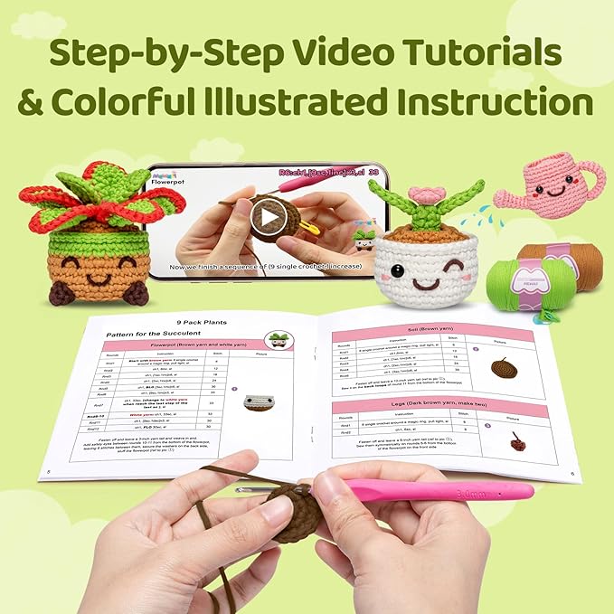 Mewaii Crochet Kit for Beginners,9PCS Crocheting Plant Kit with Step-by-Step Video Tutorial,DIY Easy Knitting Kit with 40% Extra Peasy Yarn for Adults & Kids