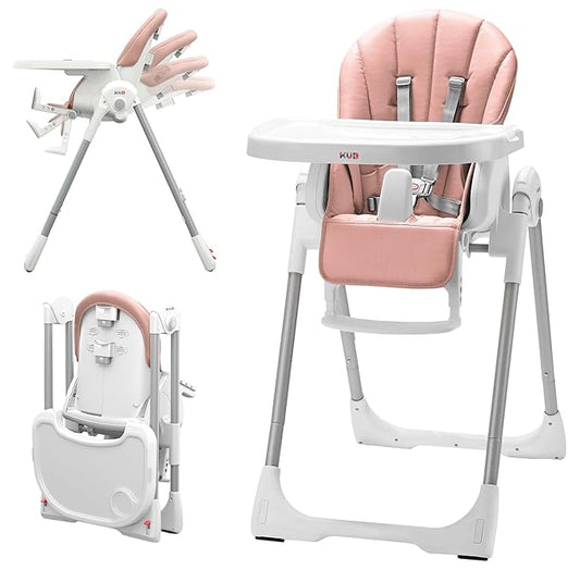 KÜB 3-in-1 Foldable Baby High Chair | 7 Height & 4 Recline Adjustable | Removable Seat & Tray for Easy Clean | 2 Locking Wheels | Multifunctional Infant High chairs for Babies and Toddlers Girl (Pink)