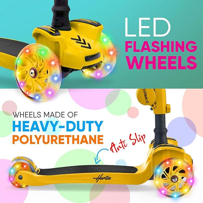 Hurtle 3-Wheeled Scooter for Kids - Wheel LED Lights, Adjustable Lean-to-Steer Handlebar, and Foldable Seat - Sit or Stand Ride with Brake for Boys and Girls Ages 1-14 Years Old