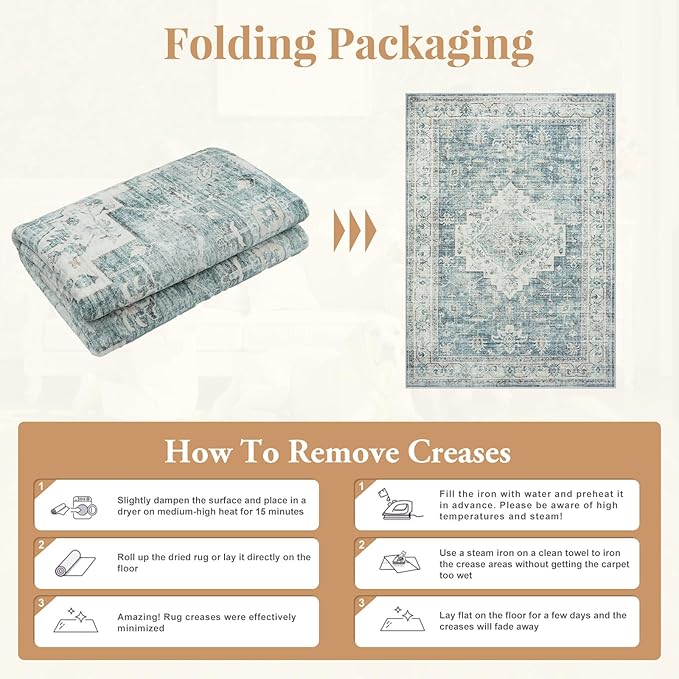 LIVEBOX Bedroom 4x6 Washable Area Rug for Entryway Kitchen, Non-Slip Soft Boho Rugs for Dining Room Office, Farmhouse Low-Pile Neutral Soft Carpet for Nursery Room Playroom, Blue