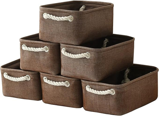 TheWarmHome Storage Basket for Organizing - 12x8x5 inch Small 6 Pack Collapsible Storage Bin for Shelves with Handles, Canves Storage Box for Cloth Closet Organizer Gift Toy (Brown)