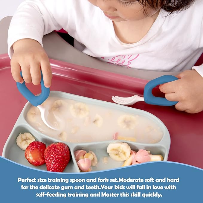 Baby Self Feeding Training Spoon and Fork Set with Travel Case, BPA-Free Cute Circle Toddler Training Utensils, Silicone/ABS Great Tableware Set Spoons Fork for Kids (Blue)