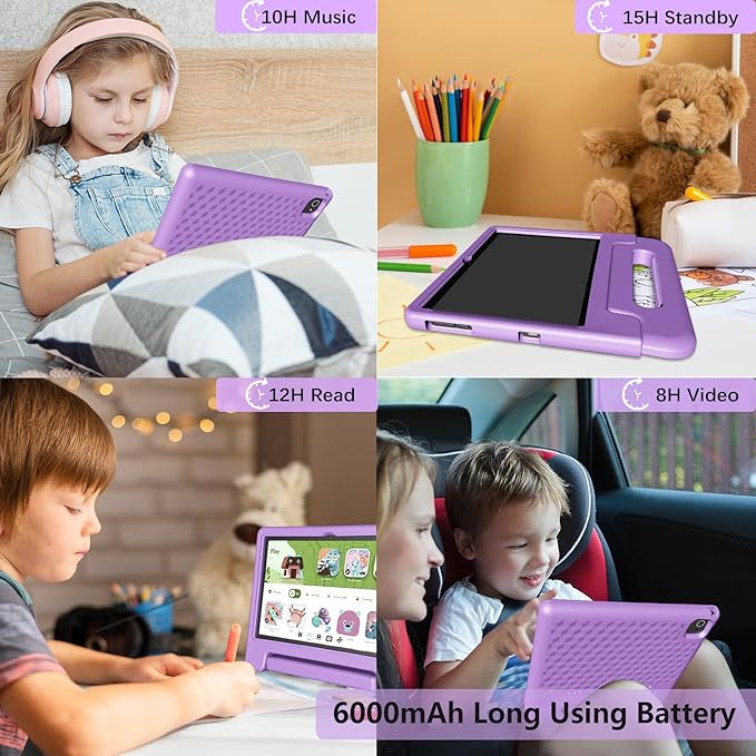 Kids Tablet 8GB+64GB, 10 Inch Android 14 Tablet for Kids 6000mAh with Case, WiFi 6, Bth 5.2, Dual Camera, GPS Pre-Installed Parental Controls, Kids Space & Family Link Great Gift for Toddler Children