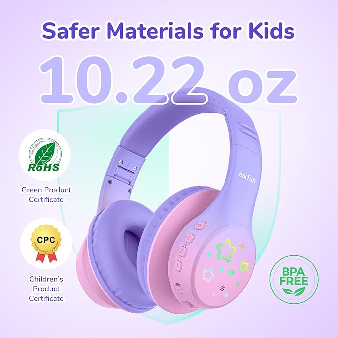 EarFun K4 Kids Bluetooth Headphones, Wireless Headphones with LED Lights, 74/85/94dBA Volume Limited, Built-in Mic, 90H Playtime, Bluetooth 5.4 Over Ear Headphone for iPad/Tablet/School, Violet