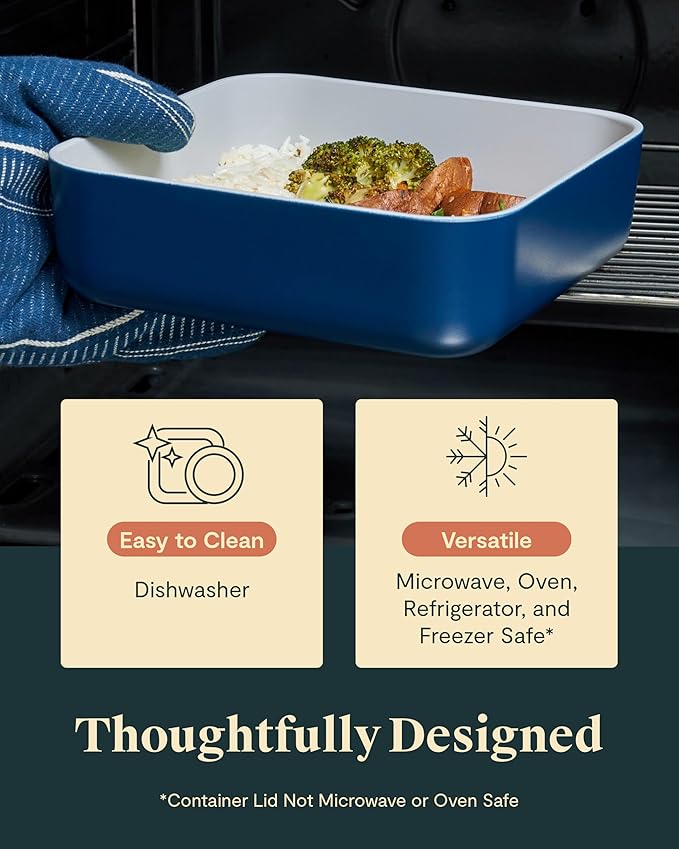 Caraway Glass Food Storage, 10 Cup Glass Container,Ceramic Coated Food Container,Easy to Store, Non Toxic, Non Stick Lunch Box Container with Glass Lids. Dishwasher, Oven,Square Shape,Navy