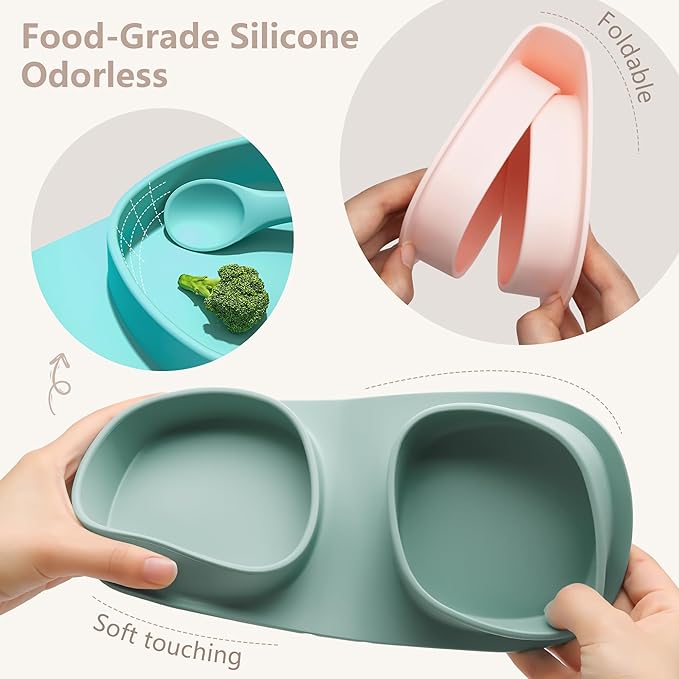 Silicone Foldable Novelty Dinner Plates,Baby Plates Travel Essential with Forks and Spoons,Microwave & Dishwasher Safe,Sage
