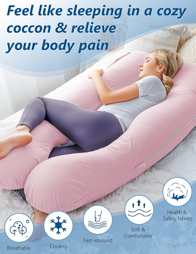 Meiz Pregnancy Pillows, Pregnancy Pillows for Sleeping, Pregnancy Body Pillow Cooling, Maternity Pillow for Pregnant Woman with Cooling Jersey Cover, Pink