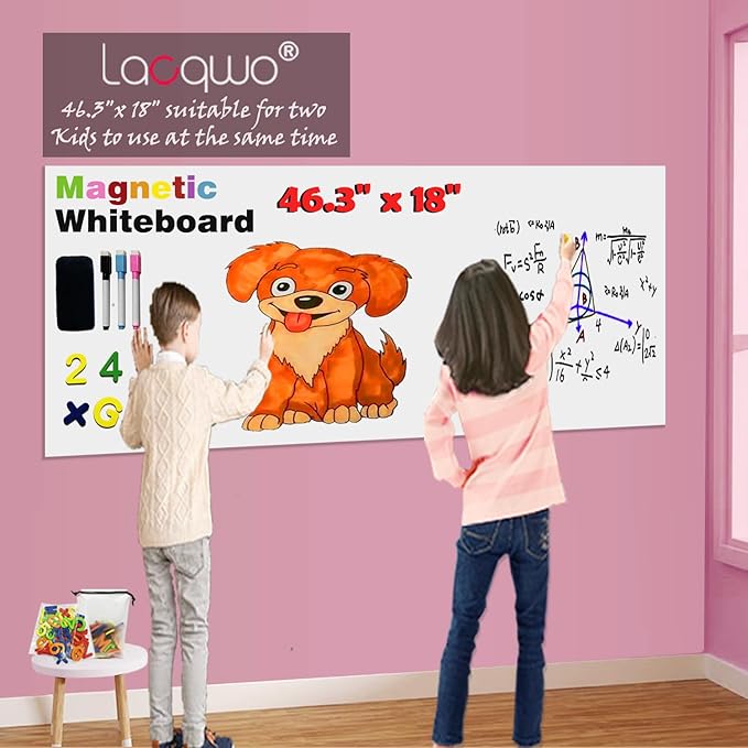 Magnetic Whiteboard Paper for Wall 46.3" x 18" Adhesive Magnetic Dry Erase White Board Sticker with 36 Magnet Letters 6 Markers for Kid Removable Peel and Stick Whiteboard Wallpaper Roll