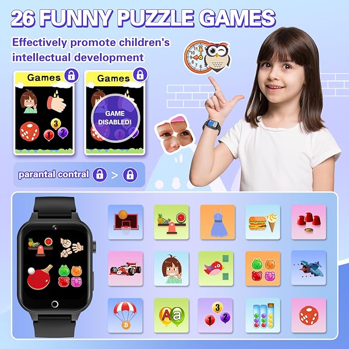 Vakzovy Kids Smart Watch Boys with 26 Puzzle Games HD Touchscreen Camera Pedometer Music Player Flashlight, Kids Toys Birthday Gifts for Boys Age 6-12 Kid Watch Boy 8-10 with Screen Protector