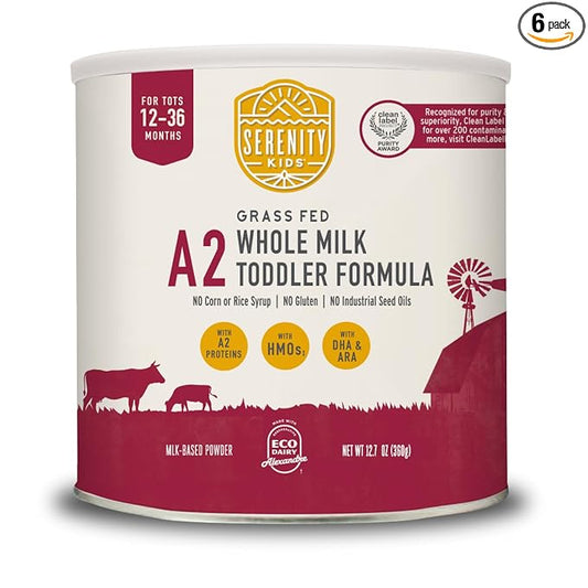 Serenity Kids Organic Toddler Formula Powder - Grass Fed A2 Whole Milk Powder - Prebiotics & DHA for Growth - Clean Label Project Purity Award Certified - 21 Oz, 6 Pack