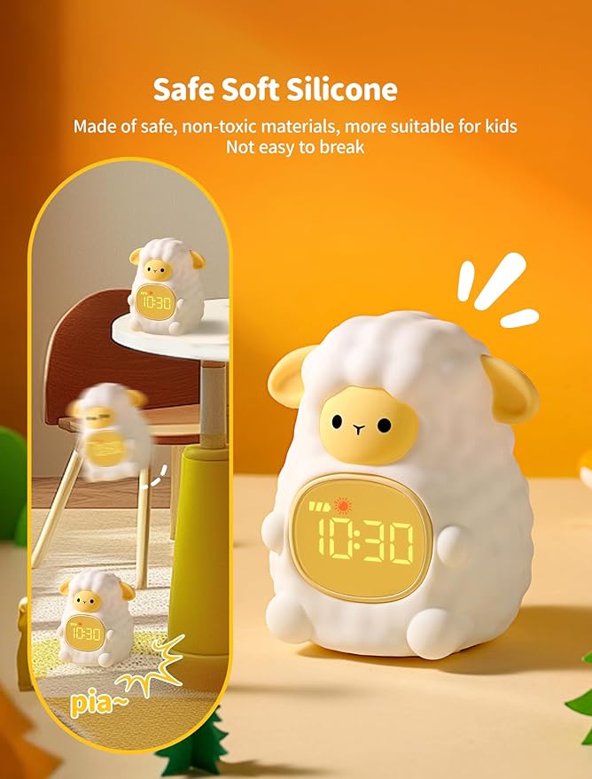 MASHI Sheep Alarm Clock, Toddler Sleep Training Clock with Sun & Moon, Sleep Sound Machine, Night Lights, Alarm Clock for Kids, Gift Ideas for Kids Child