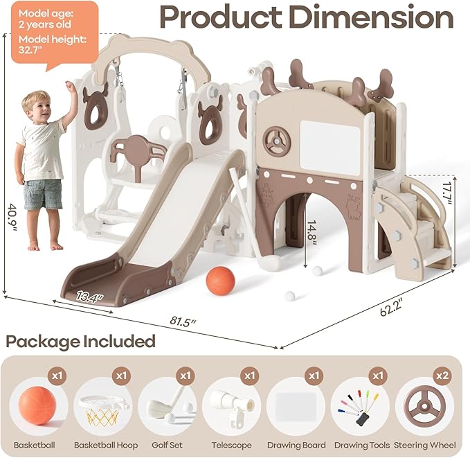 Mloong 12 in 1 Toddler Slide and Swing Set, Kids Slide for Toddlers 1-3 Years Old Baby, Indoor Outdoor with Basketball Hoop Drawing Golf for Kids Easy Assembly(Beige & Rosy Brown)(82×67×41in)